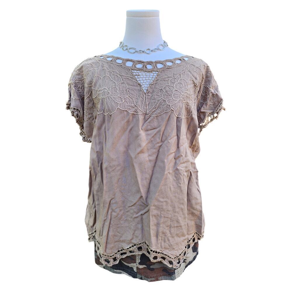 Vtg Jane Ashley Tan Beige Embroidered Floral Cutout Boho Hippie Mesh Top Sz M - Picture 3 of 8